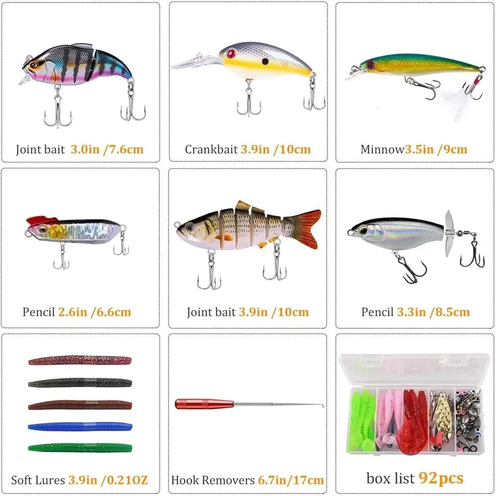 Complete 104-Piece Fishing Lure Kit: Glide Bait, Hooks, Weights, Hook Remover, and More for 2025 Christmas