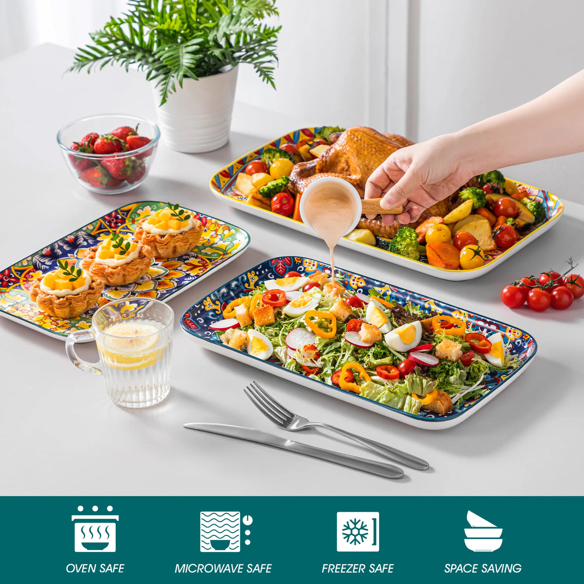 MALACASA Ceramic Rectangular Plates Set for Salad Sushi and Dessert