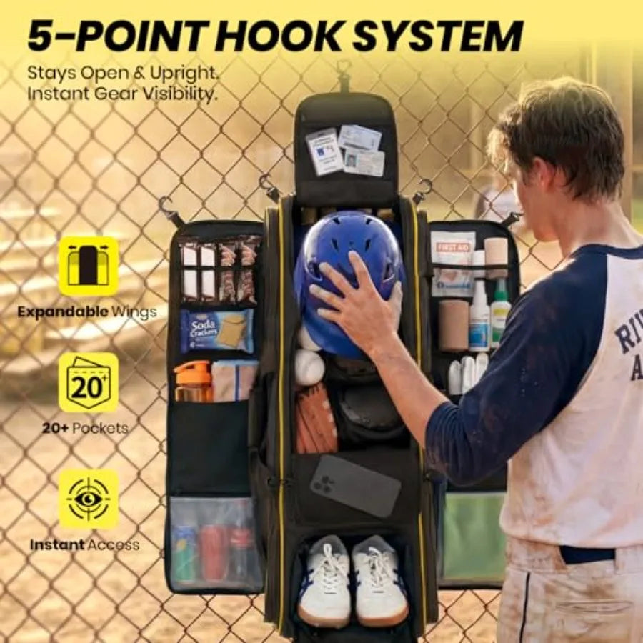 100L Rolling Baseball Catchers Gear Bag - Large Softball Equipment Duffle with Wheels Locker-Style Organizer with 5 Fence Hooks