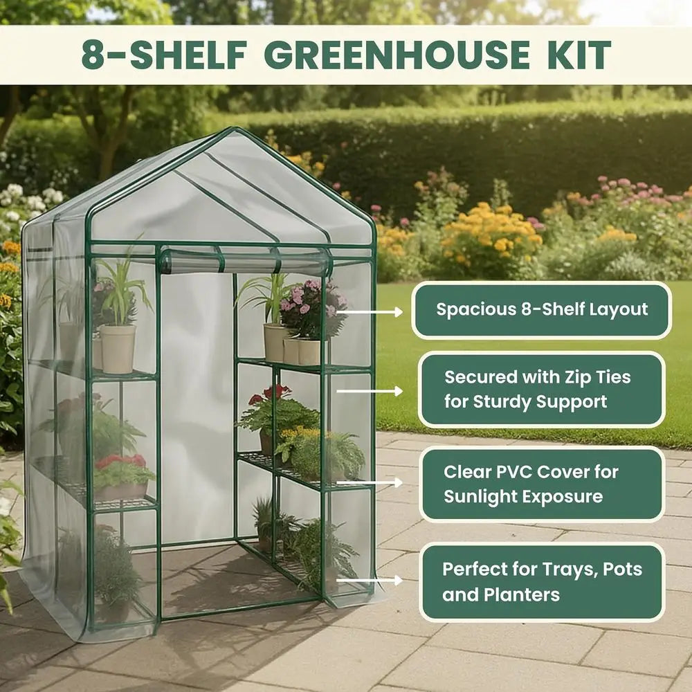 Walk In Greenhouse With Eight Shelves And PVC Cover