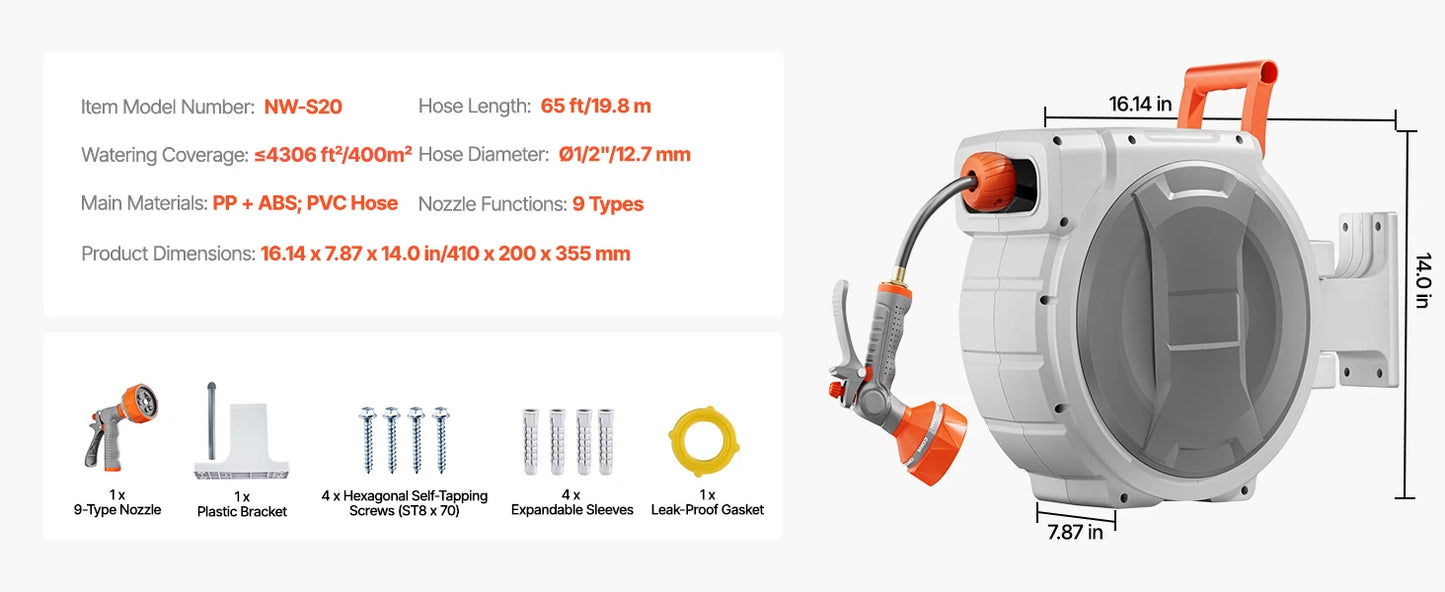 SucceBuy Retractable Garden Hose Reel With 9 Pattern Nozzle