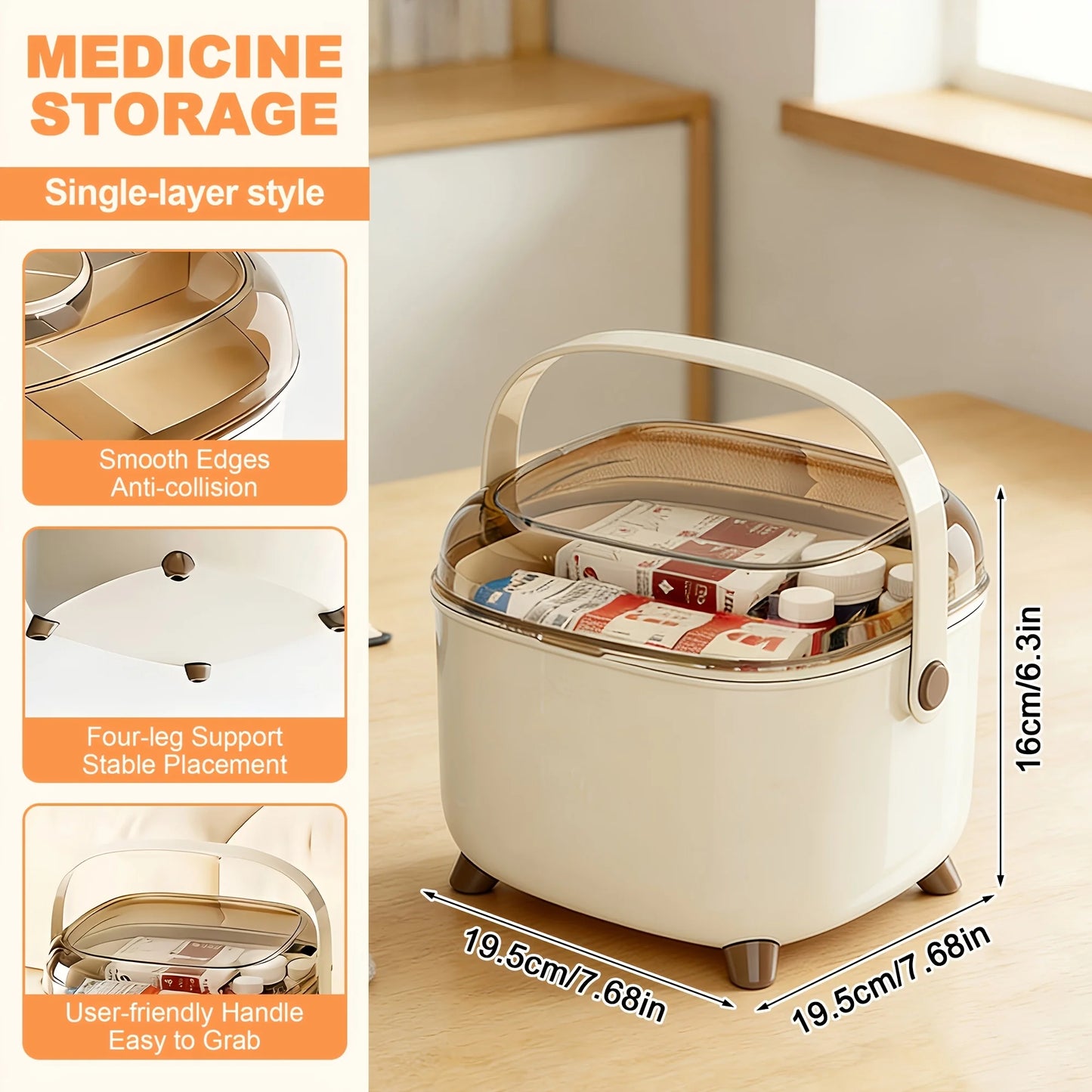 Double Layer Family Medicine Storage Box, Cream Portable First Aid Kit with Transparent Lid