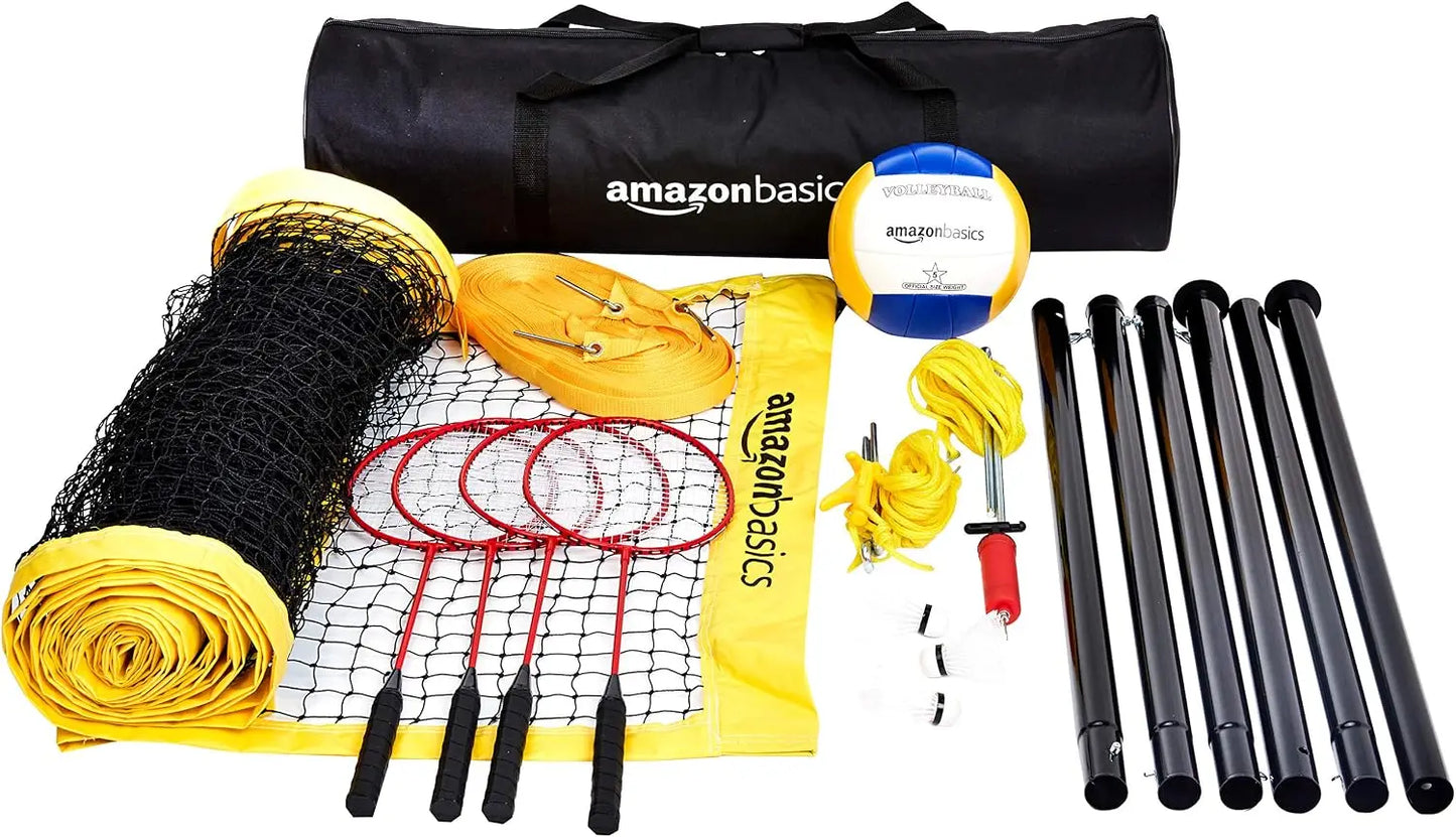 Portable Outdoor Volleyball & Badminton Combo Set with Poles & Bag