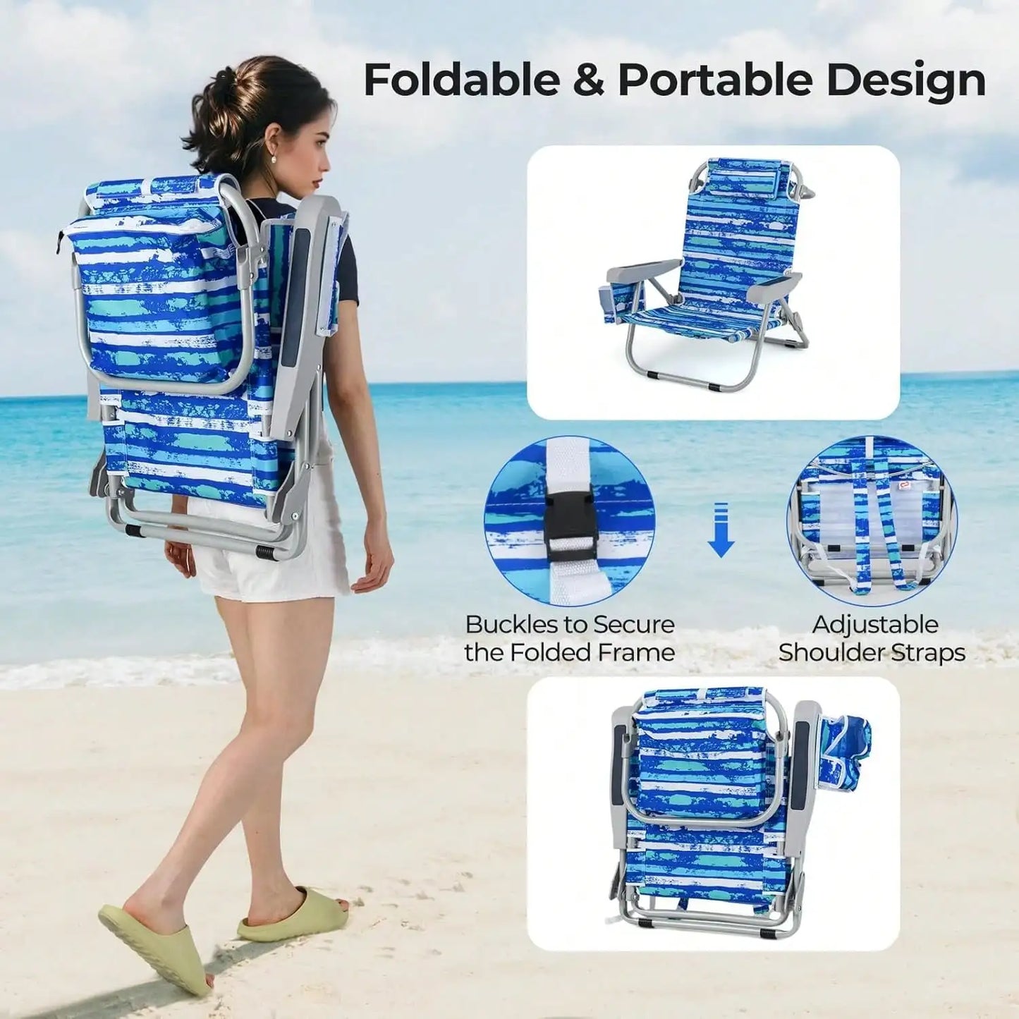 Backpack Beach Chair, Foldable Camping Chair With 5 Adjustable Position, Cup Holder, Storage Pockets, Straps, Towel Rack, Pillow