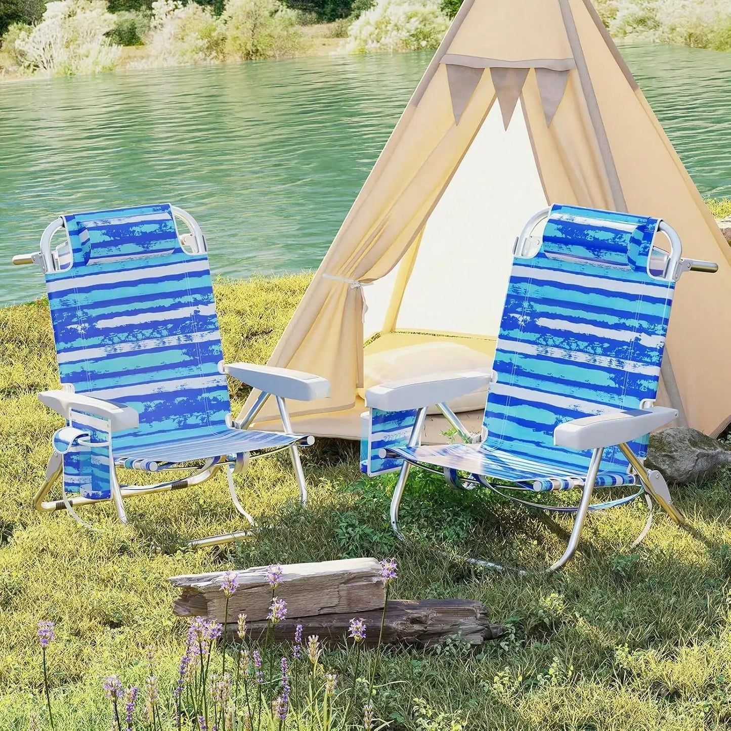 Backpack Beach Chair, Foldable Camping Chair With 5 Adjustable Position, Cup Holder, Storage Pockets, Straps, Towel Rack, Pillow