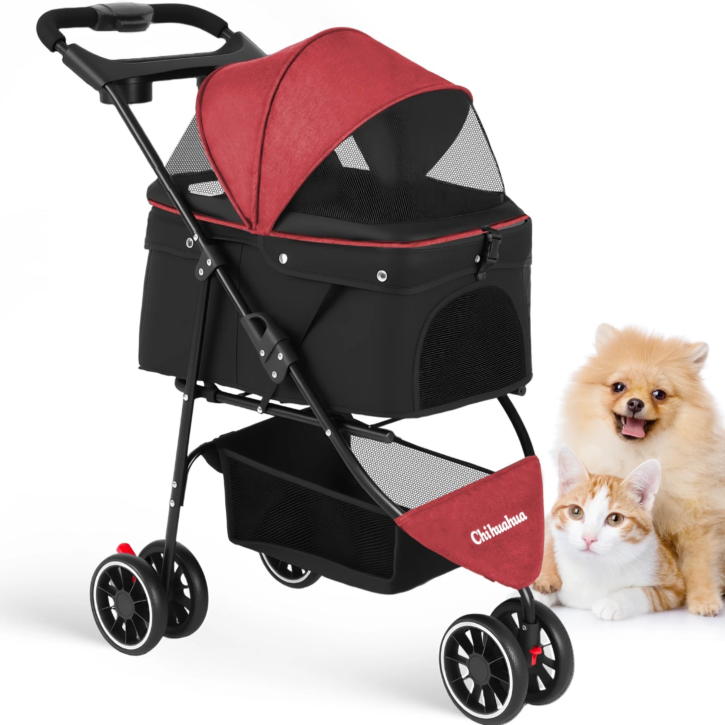 Chihuahua Pet Stroller Three Wheel Foldable With Breathable Mesh Canopy