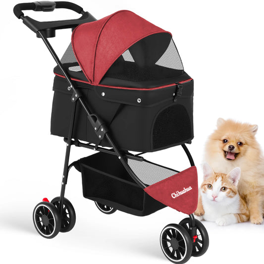 Chihuahua Pet Stroller Three Wheel Foldable With Breathable Mesh Canopy