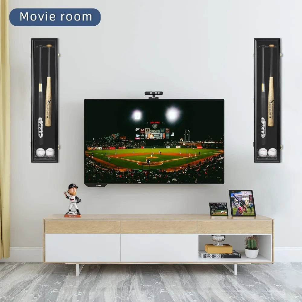 2 Baseball Bat Display Case Wooden Frame Acrylic Transparent Door Wall Mounted Shadow Box Vertical or Horizontal, UV Protection-Lock
