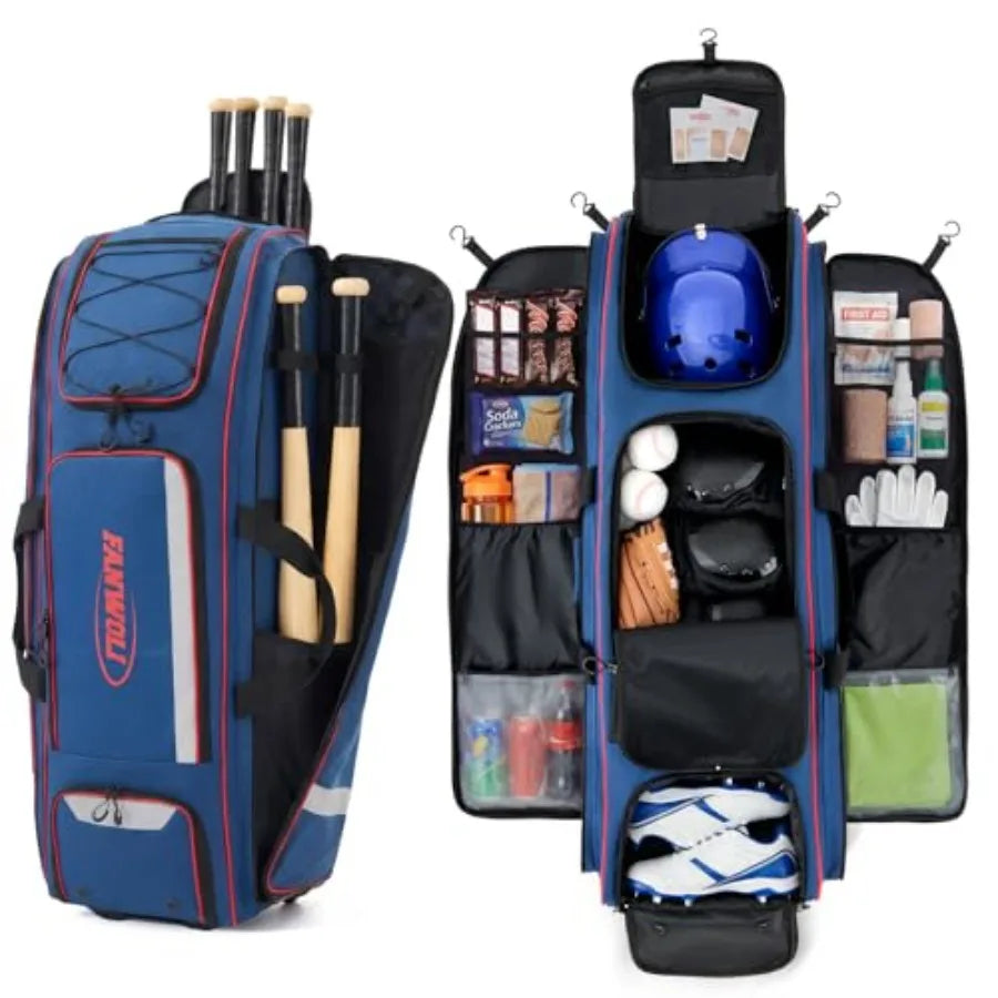 100L Rolling Baseball Catchers Gear Bag - Large Softball Equipment Duffle with Wheels Locker-Style Organizer with 5 Fence Hooks