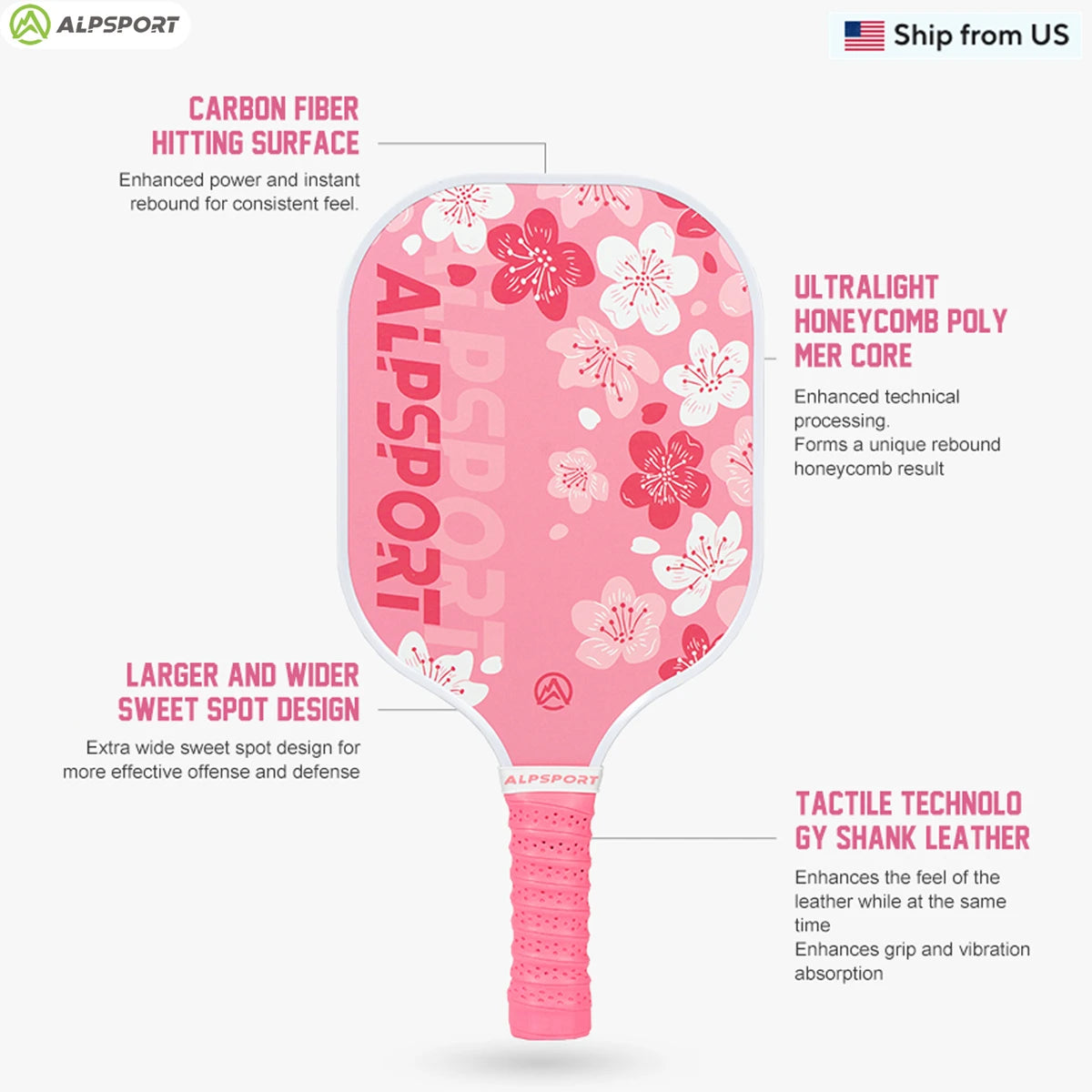 ALPSPORT Sakura USAPA Pickleball Paddle Women's T700 With 2 Free Balls Carbon Fiber Beginner-Friendly Pro Training Set Pink