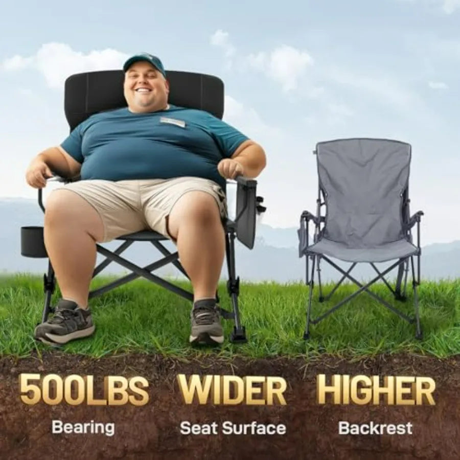 Oversized Folding Camping Chair for Adults with Adjustable Lumbar Support, Heavy Duty Chair with Side Pockets, Portable Collaps
