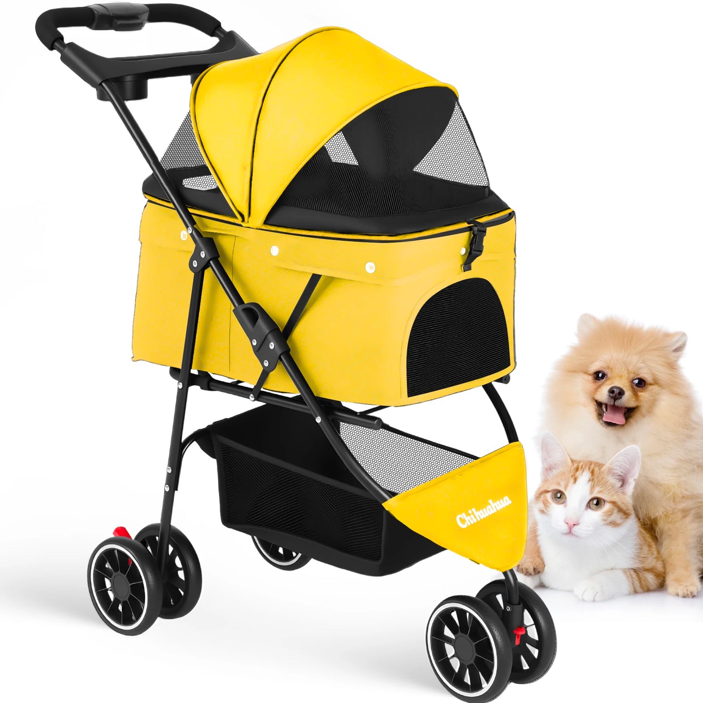 Chihuahua Pet Stroller Three Wheel Foldable With Breathable Mesh Canopy