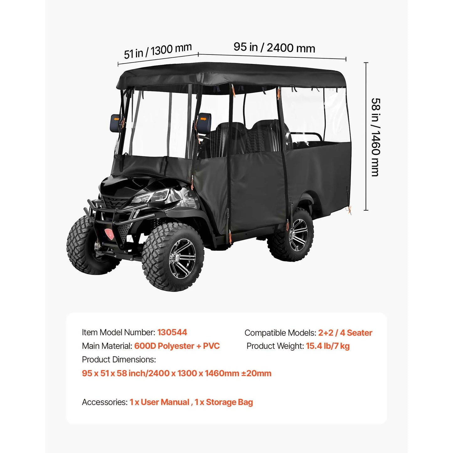 SucceBuy Golf Cart Cover Visible Full-Enclosure 2&2+2;2+2/4 Seater Waterproof Oxford PVC Coating Windproof Hook Fits Most Carts