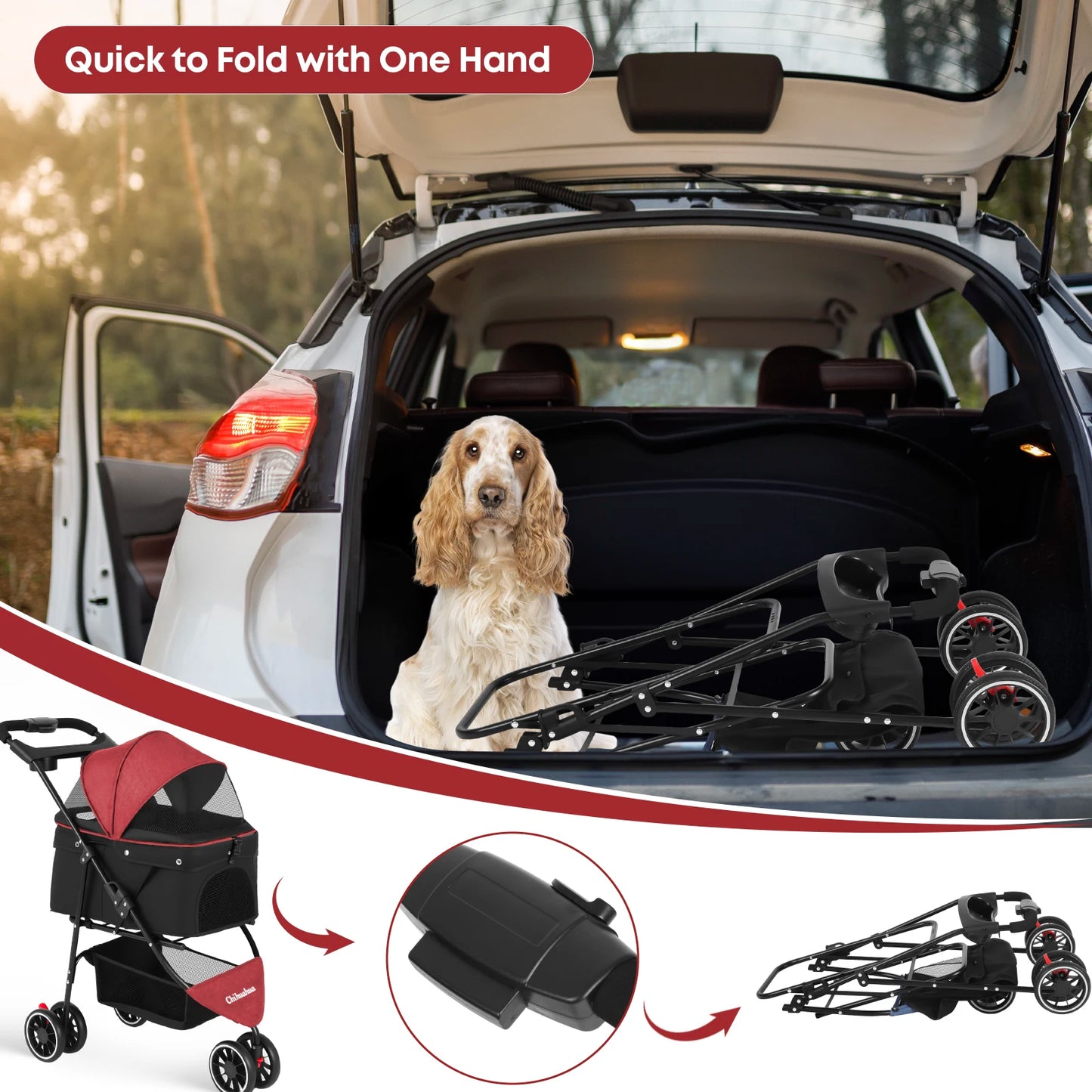 Chihuahua Pet Stroller Three Wheel Foldable With Breathable Mesh Canopy