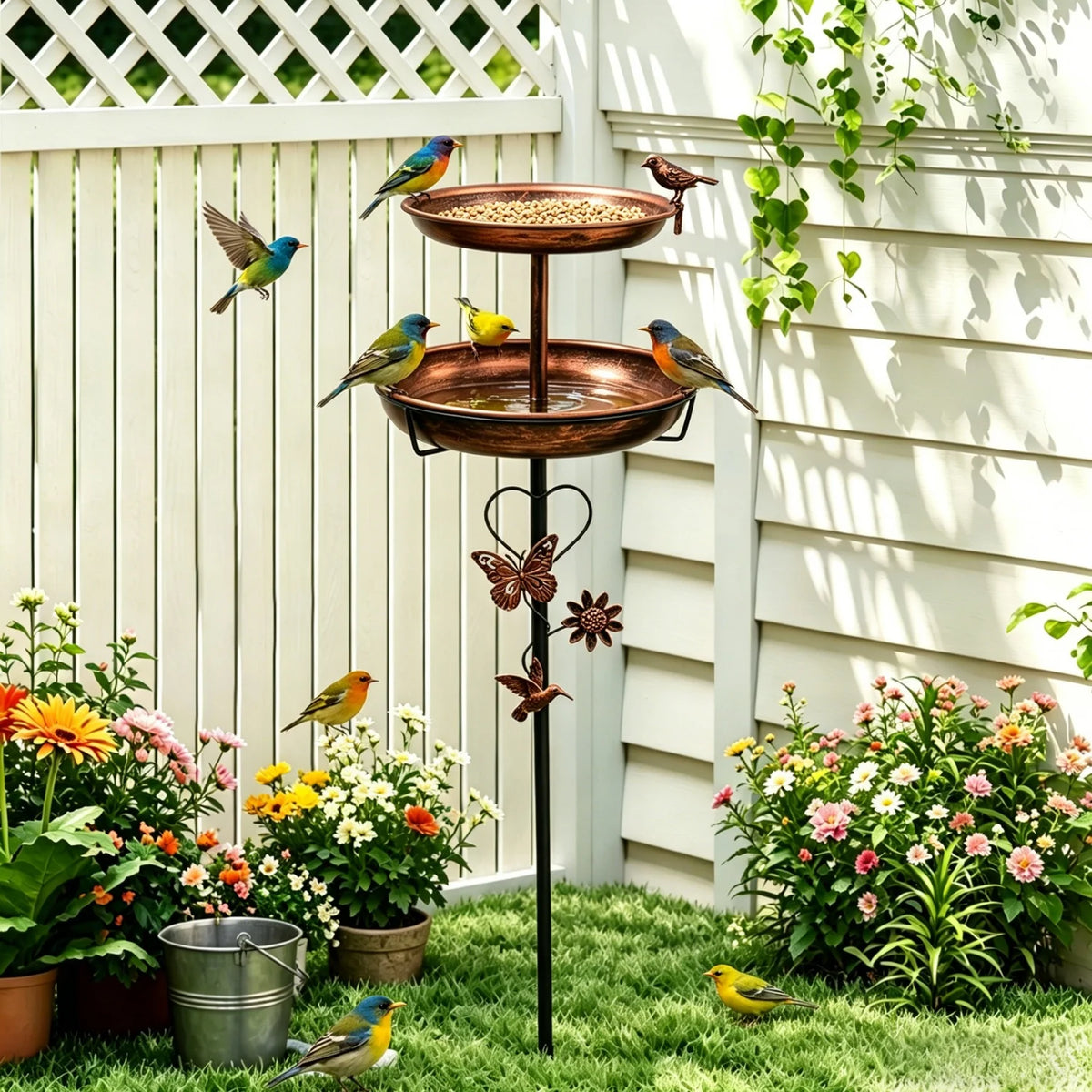 Double Layer Metal Bird Bath Stand with Five Prong Base