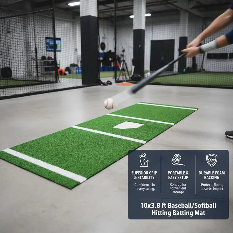 Baseball Softball Hitting Mat 10x3.8 ft For Training Facility Gym Backyard, Lined Foam Backing Portable Practice Aid Tightening Rope Green
