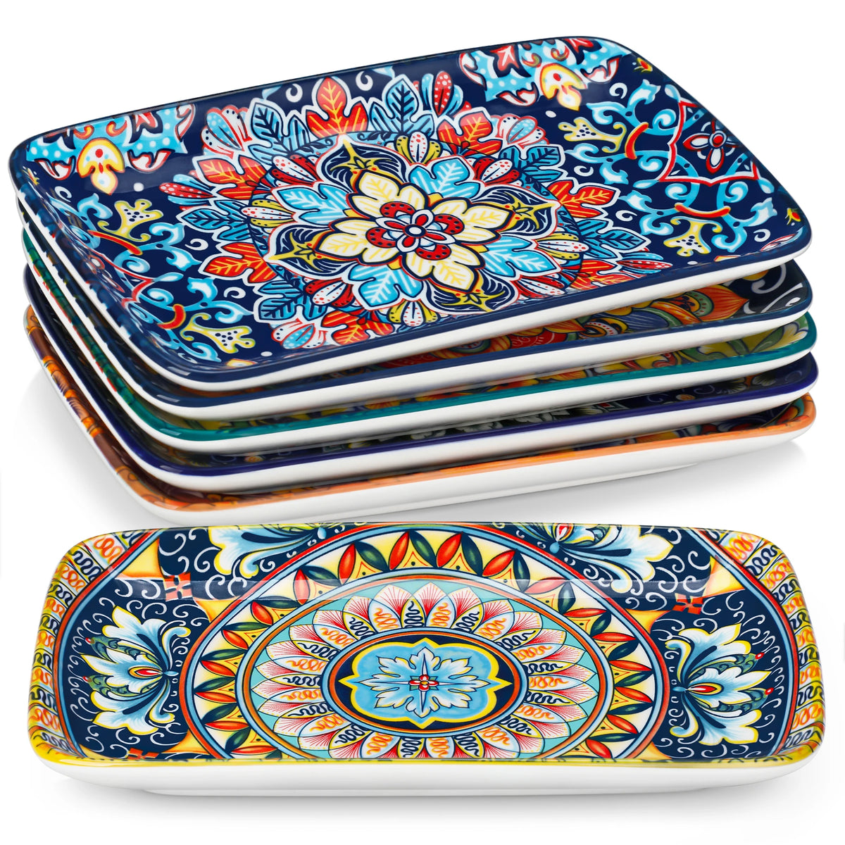 MALACASA Bohemian Rectangular Porcelain Serving Plates for Dinner and Pasta