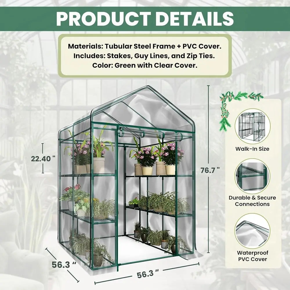 Walk In Greenhouse With Eight Shelves And PVC Cover