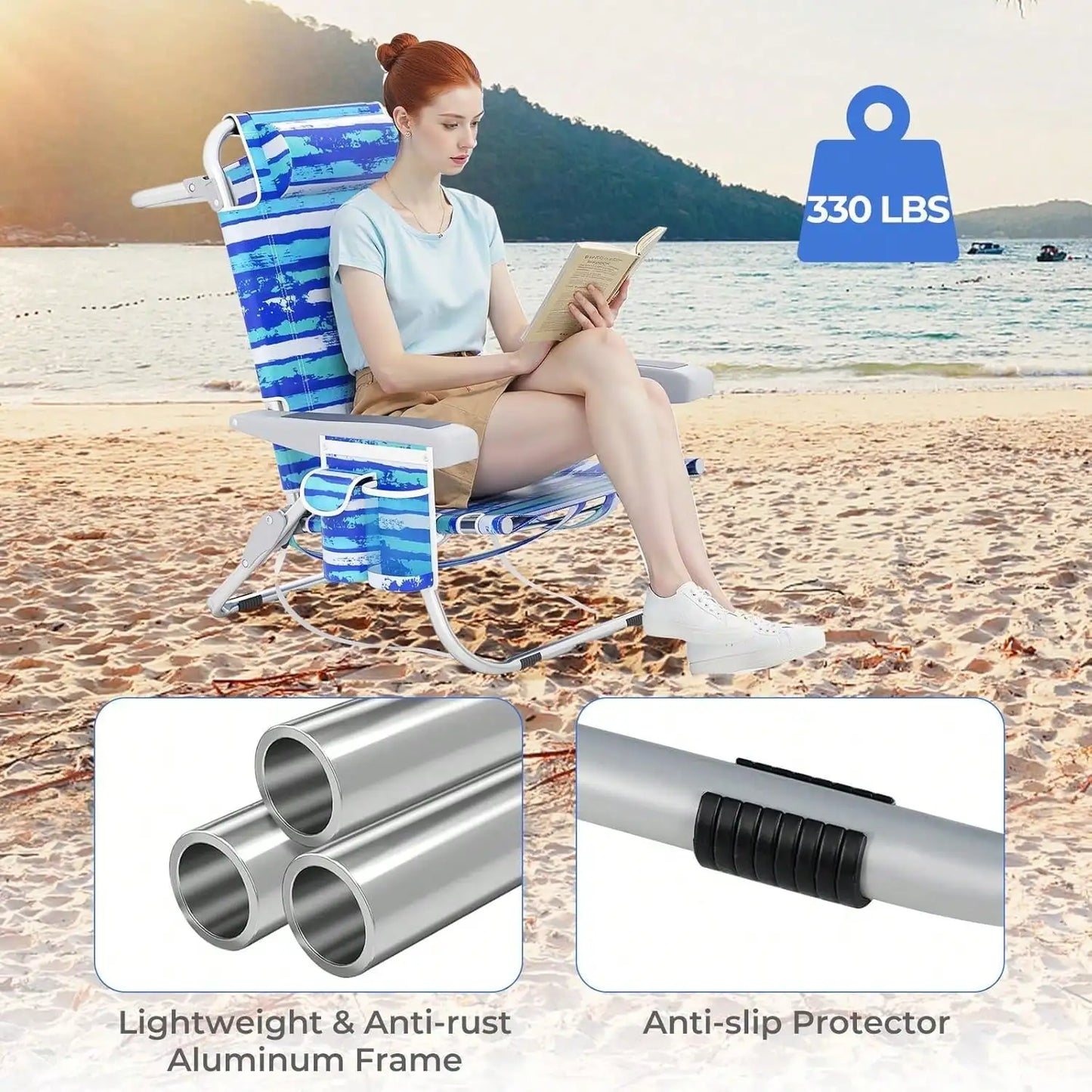 Backpack Beach Chair, Foldable Camping Chair With 5 Adjustable Position, Cup Holder, Storage Pockets, Straps, Towel Rack, Pillow