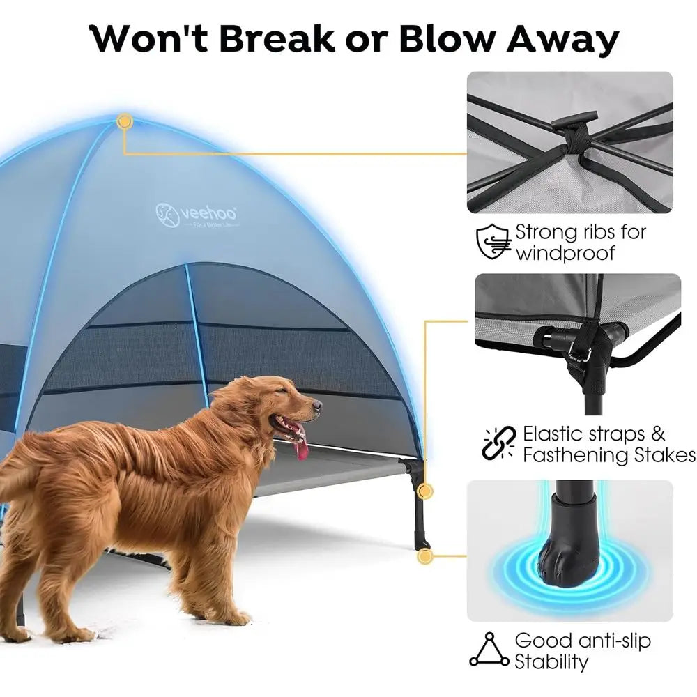 Outdoor Dog Bed, Cooling Elevated Pet Cot, Removable Shade, Non-Slip Feet, Raised Dog Cot, Large Dogs, Pet Tent Bed, Camping, Be