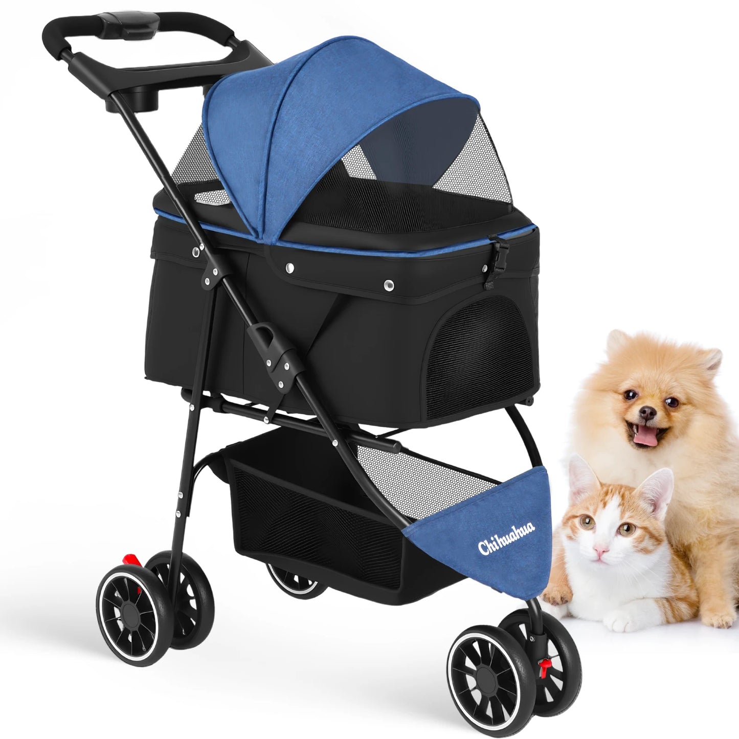 Chihuahua Pet Stroller Three Wheel Foldable With Breathable Mesh Canopy