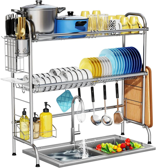 Stainless Steel Over Sink Dish Drying Rack with Utensil Holder, Large Capacity for Kitchen Counter