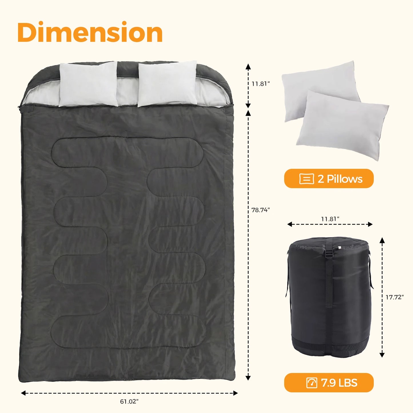 Three Season Portable Double Sleeping Bag For Adults With Pillow