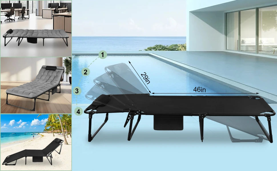 Portable Folding Camping Cot With 3 Position Reclining Lounge Chair