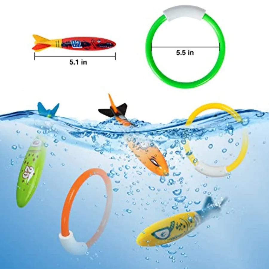 Underwater Pool Diving Toys, 8 Pcs Water Pool Toys for Ages 4-8 8-12 Diving Rings and Pool Torpedo Set Training Dive Rings Swim