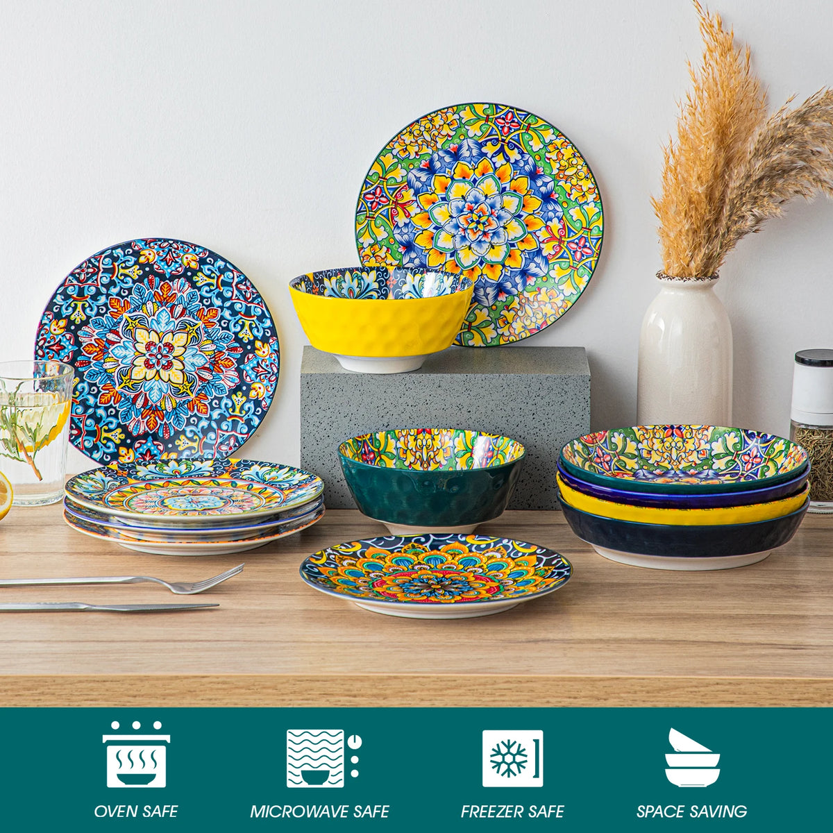 MALACASA Bohemian Ceramic Dinnerware Set with Plates and Bowls