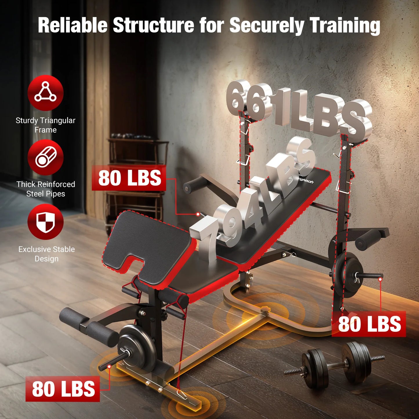 6-in-1 Foldable Weight Bench Set 794 Pounds Adjustable Workout Bench/Barbell Rack/Curl Pad,Bench Press,Curl machine for Home Gym