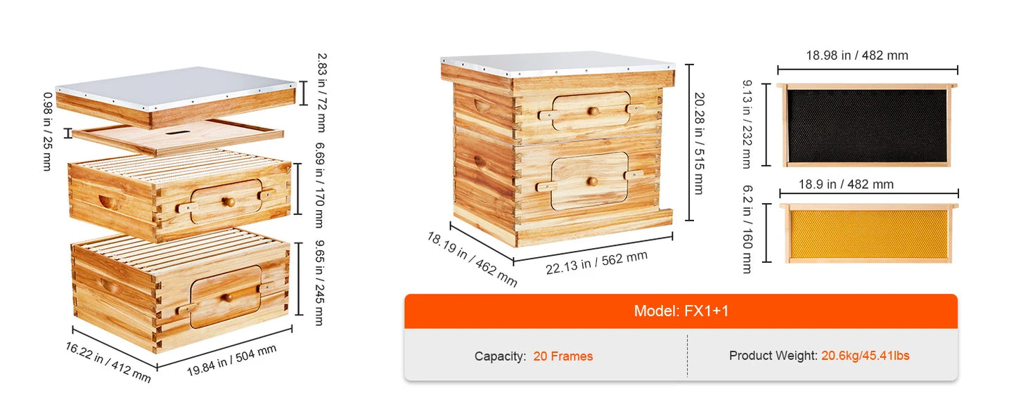 SucceBuy Cedar Langstroth Beehive Deep Box Starter Kit Acrylic Windows