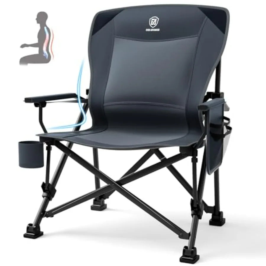 Oversized Folding Camping Chair for Adults with Adjustable Lumbar Support, Heavy Duty Chair with Side Pockets, Portable Collaps