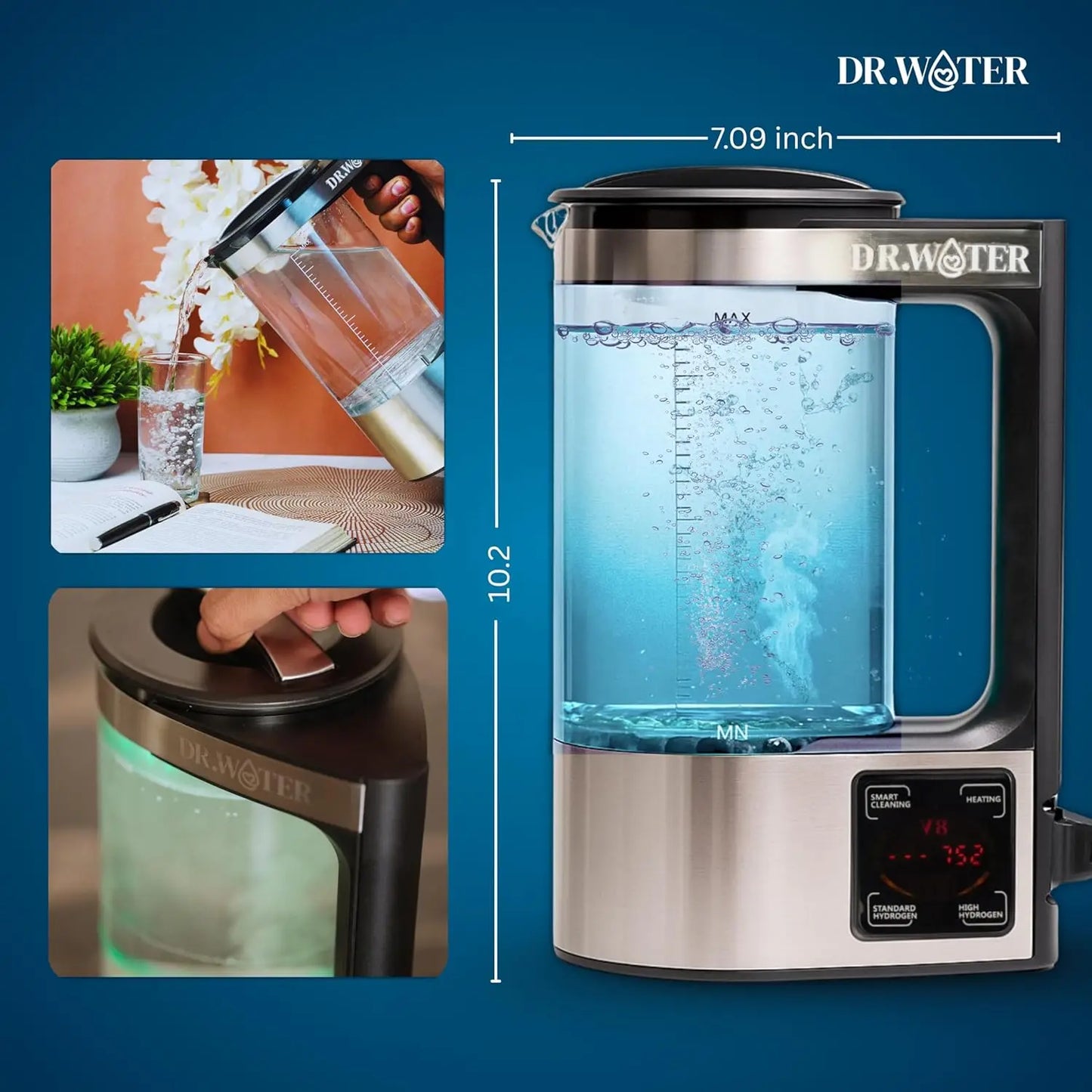 HydroPitcher | 68 Oz Hydrogen Water Pitcher - BPA Free Rich Hydrogen Water Generator - Electrolysis Jug with SPE/PEM Technology