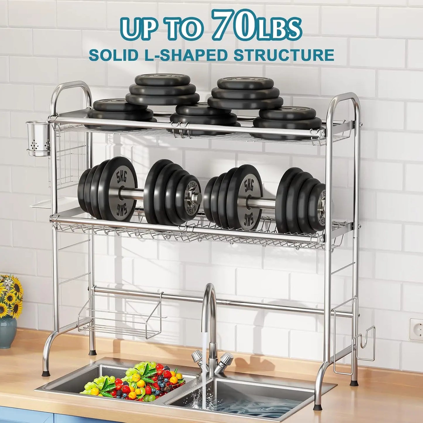 Stainless Steel Over Sink Dish Drying Rack with Utensil Holder, Large Capacity for Kitchen Counter