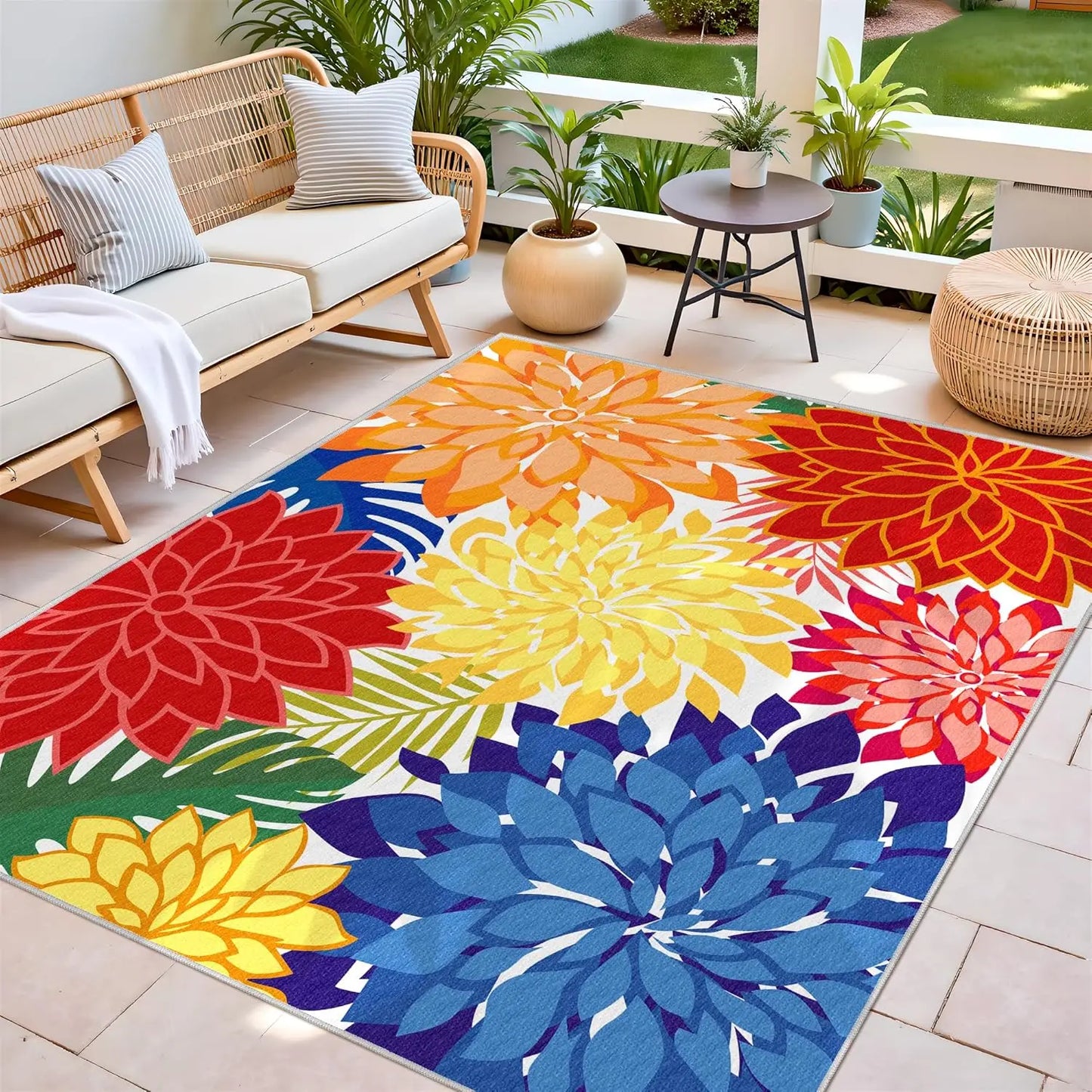 Washable Outdoor Rug Floral Pattern With Non Slip Backing UV Resistant Patio