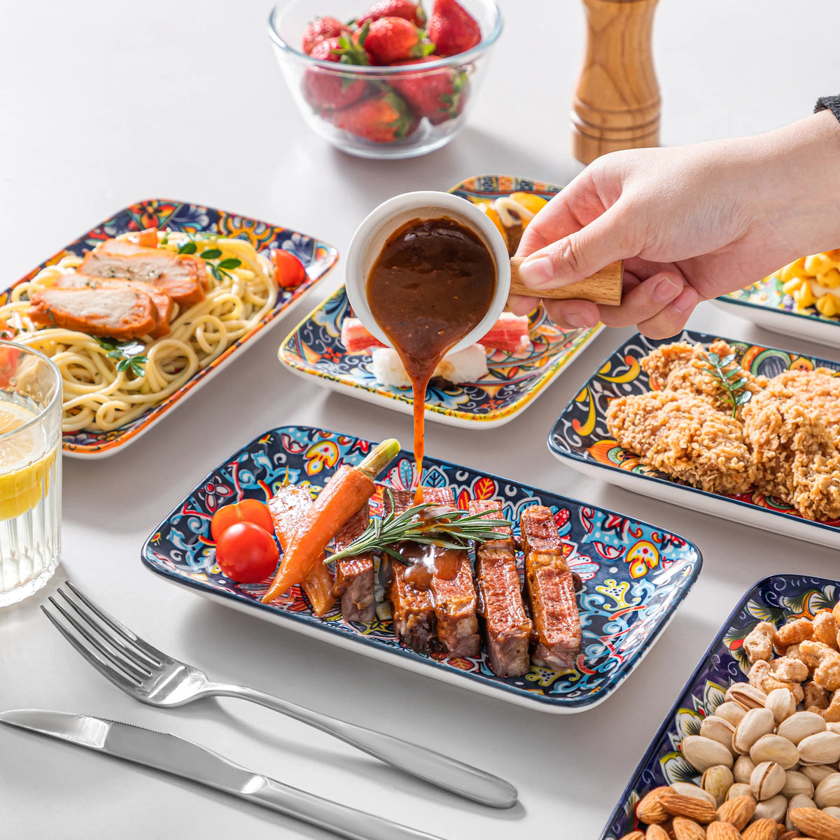 MALACASA Bohemian Rectangular Porcelain Serving Plates for Dinner and Pasta