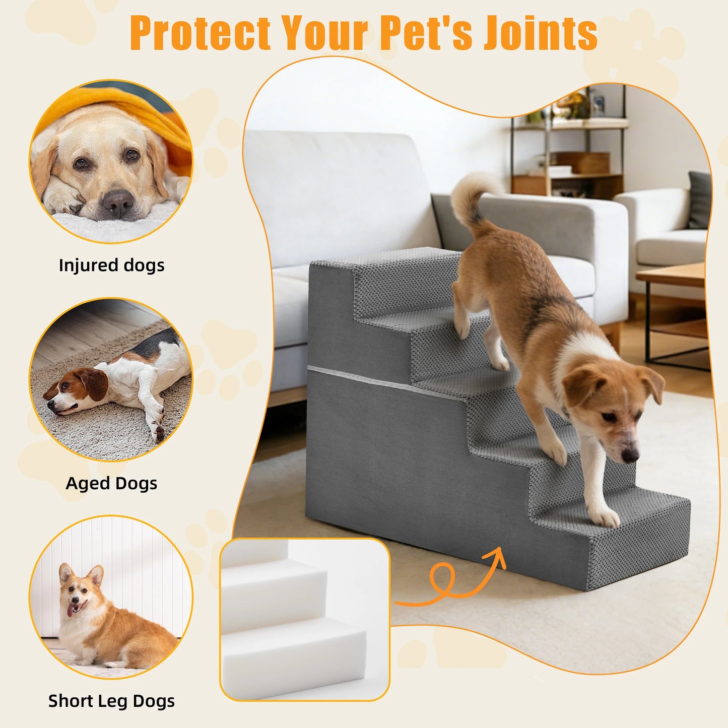 3 To 5 Steps Right Angled Foam Dog Stairs Indoor Non Slip Ramp