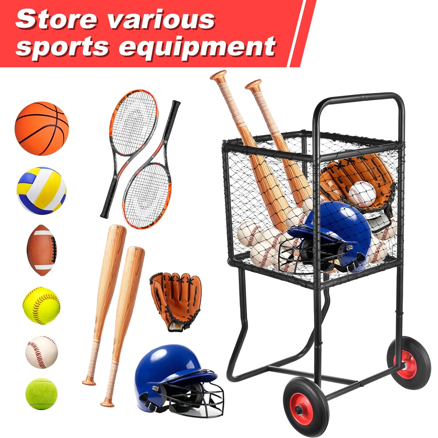 Heavy Duty Baseball Softball Cart with Wheels, Large Capacity Rolling Sports Ball Locker Storage Rack for Gym School Club Coach, Mobile Ball Holder for Practice Equipment Organization, Pro Durable Easy Transport