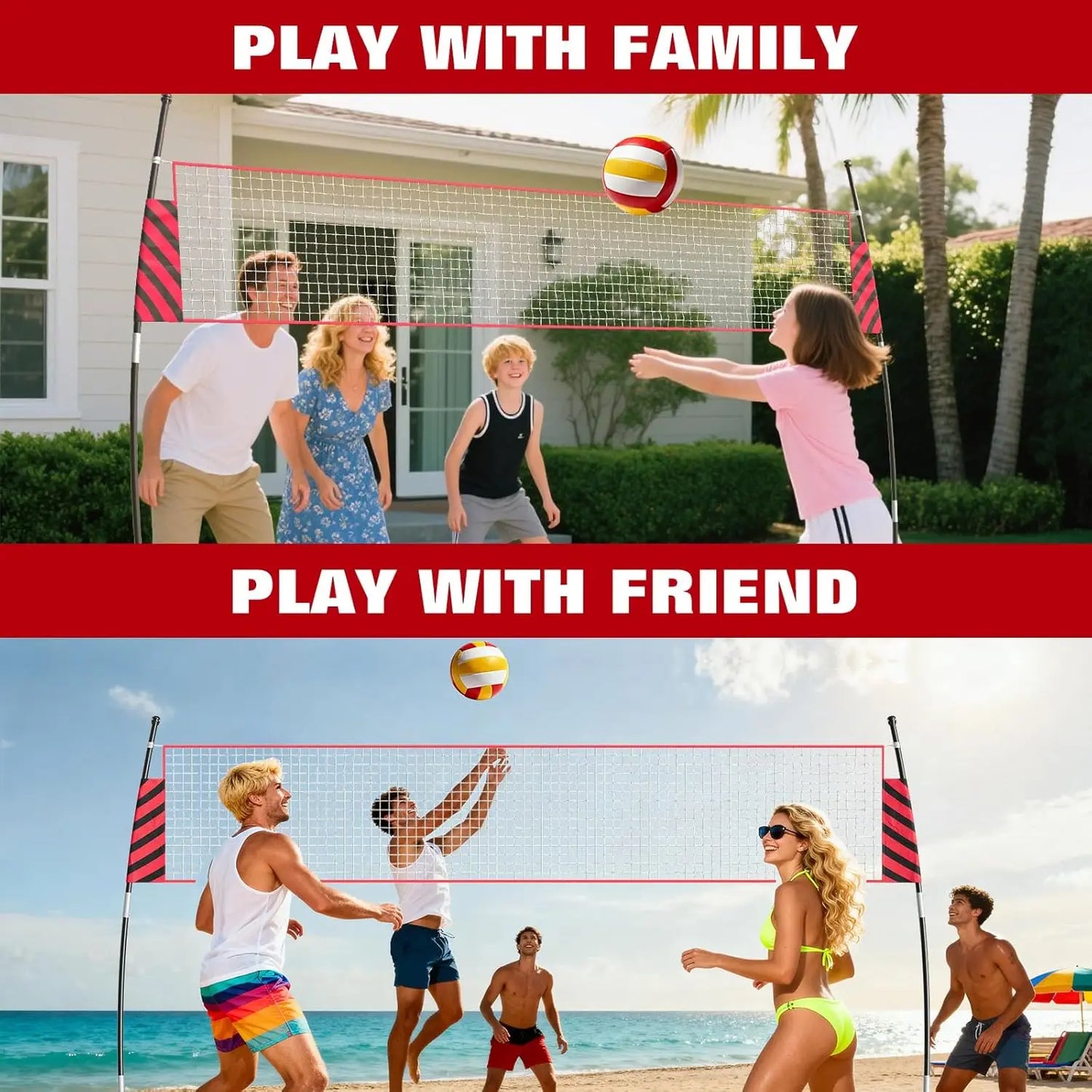 12FT Adjustable Volleyball Net Portable Freestanding Quick Setup Fiberglass Poles Regulation Height Backyard Beach Indoor
