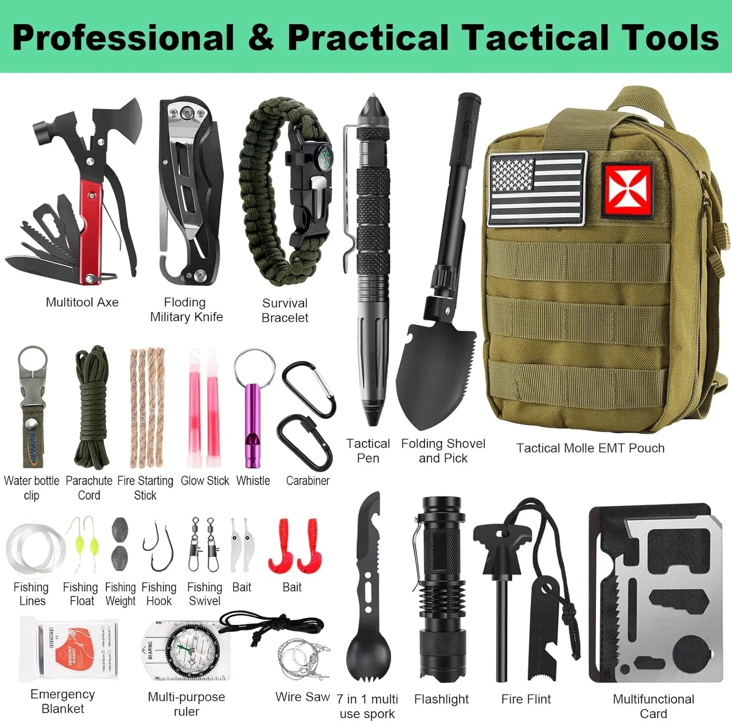 256-in-1 Survival First Aid Kit with Molle Pouch for Outdoor Camping Hiking Emergency Gear Tools