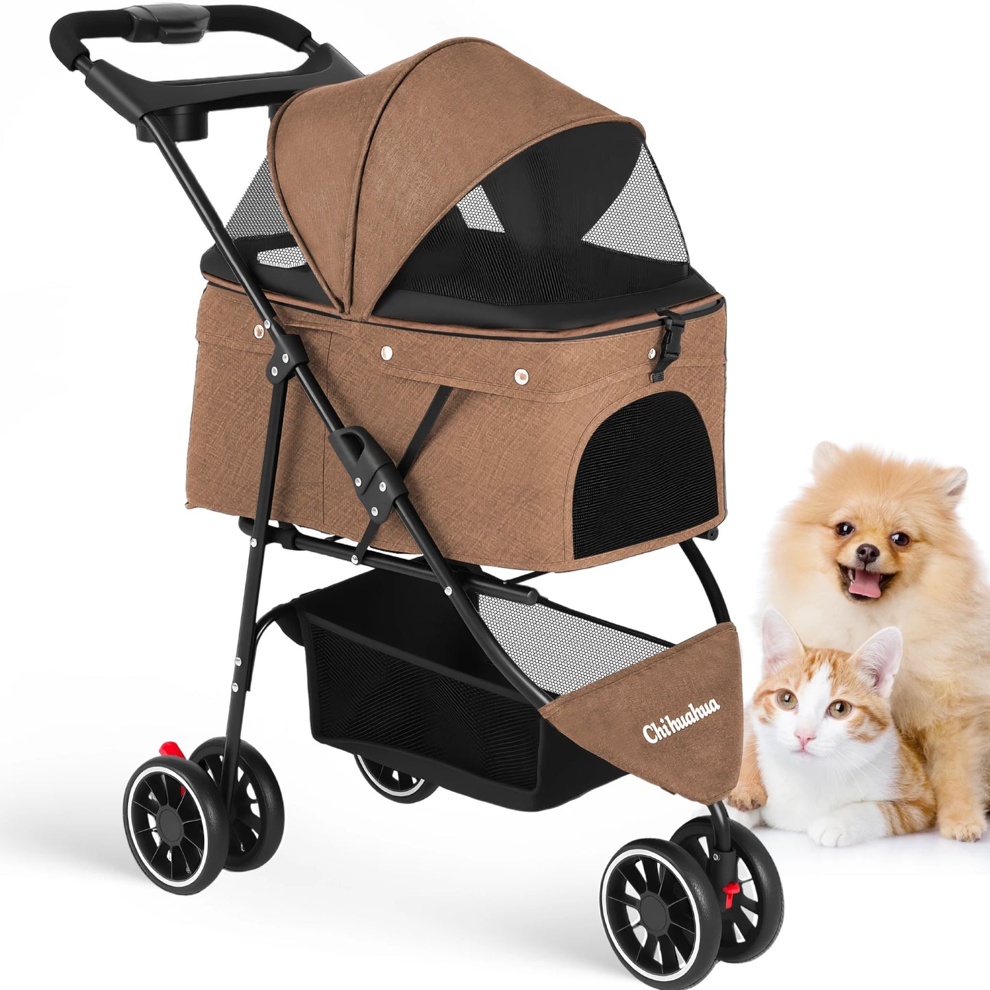 Chihuahua Pet Stroller Three Wheel Foldable With Breathable Mesh Canopy
