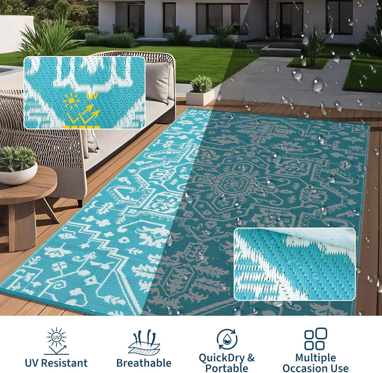 Waterproof Outdoor Area Rug Stain-Resistant Plastic Straw Carpet Easy-Cleaning Indoor Outdoor RV Mat for Deck Camping Balcony
