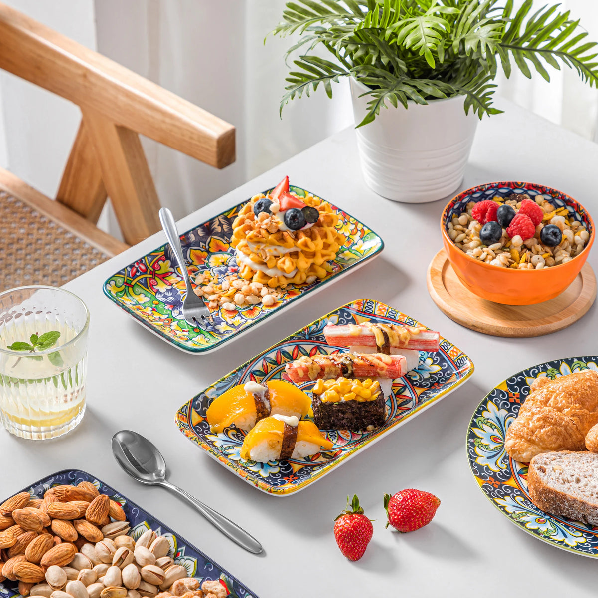 MALACASA Bohemian Rectangular Porcelain Serving Plates for Dinner and Pasta