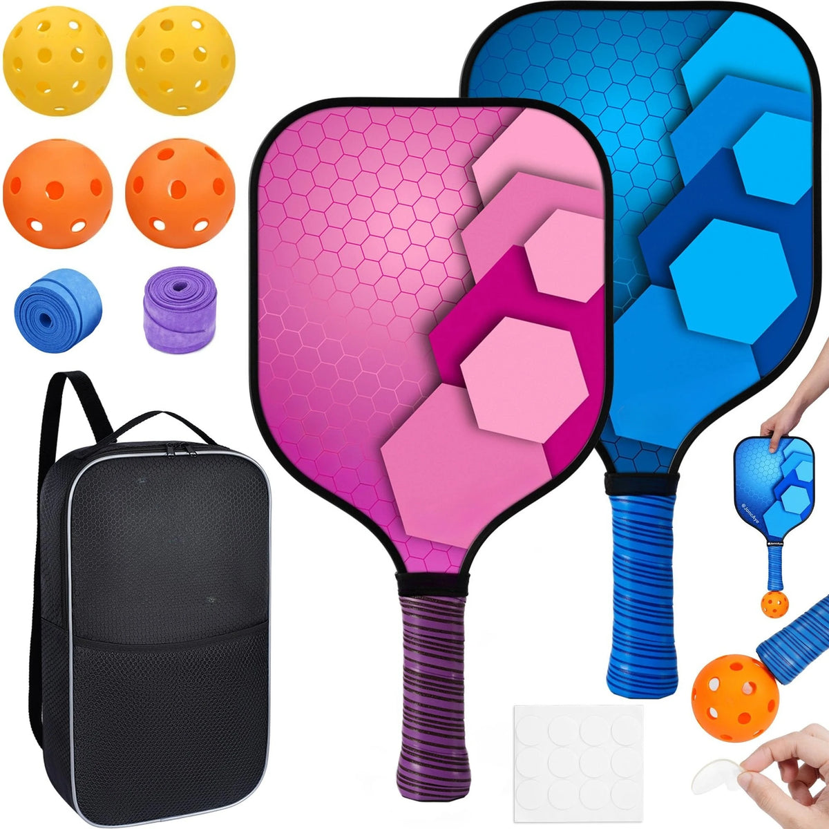 2 Pack 4 Pack USAPA Approved Fiberglass Pickleball Paddles Set Lightweight Rackets With Indoor Outdoor Pickleball Balls Carry Bag And Replacement Overgrips For Beginners Intermediate Players Family Recreational Indoor Outdoor
