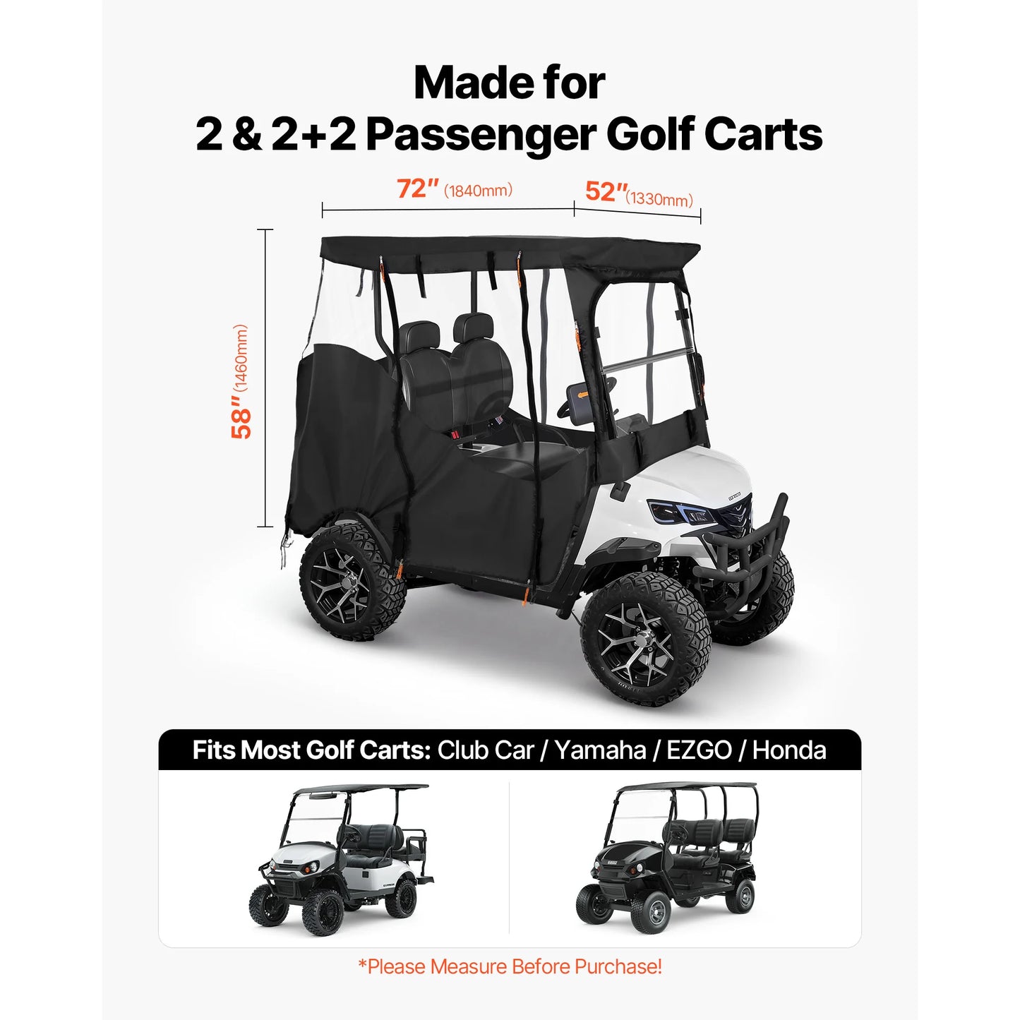 SucceBuy Golf Cart Cover Visible Full-Enclosure 2&2+2;2+2/4 Seater Waterproof Oxford PVC Coating Windproof Hook Fits Most Carts
