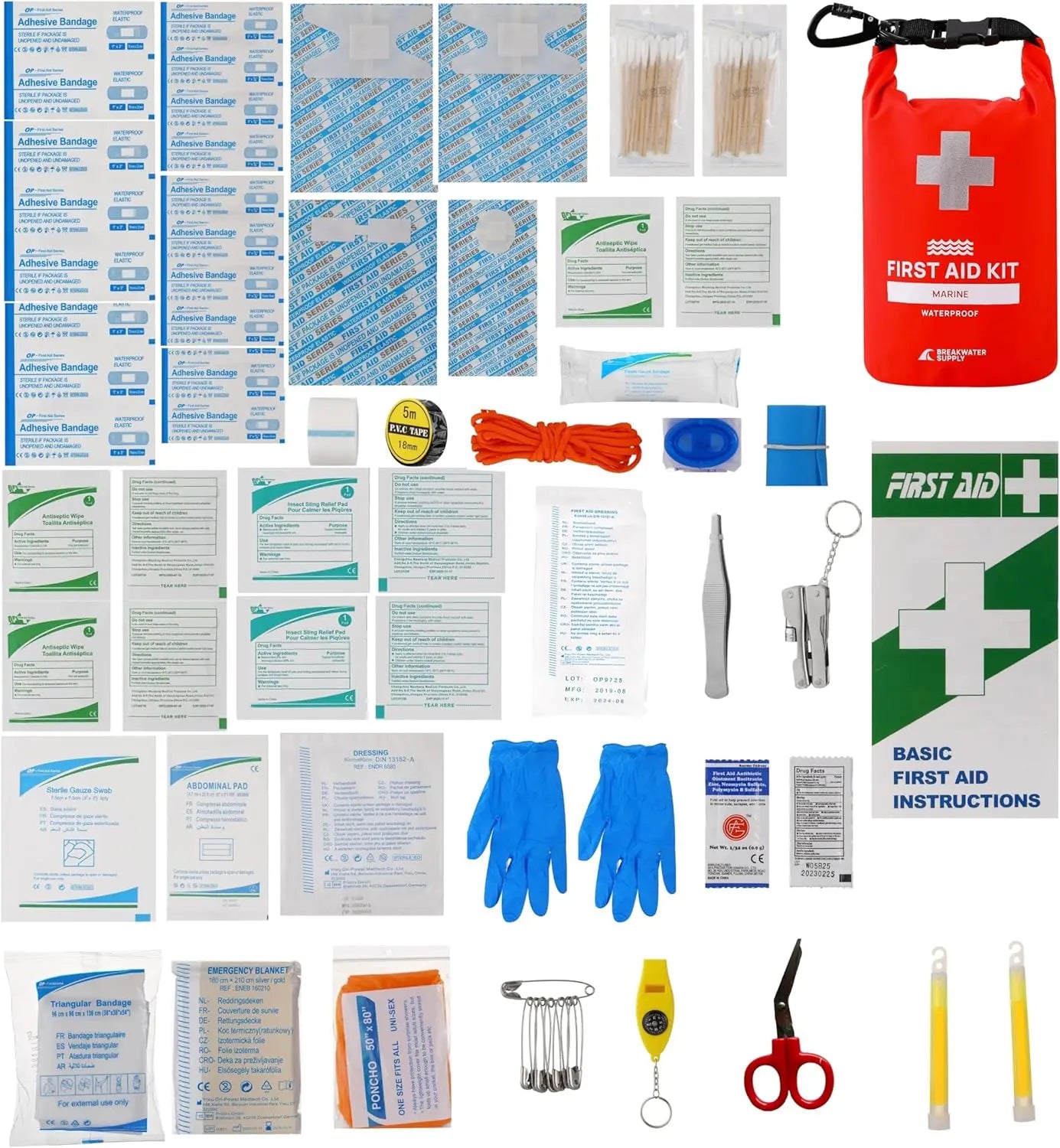 Waterproof First Aid Kit with Emergency Supplies for Boating, Camping, Fishing - Includes Carabiner and Trauma Gear