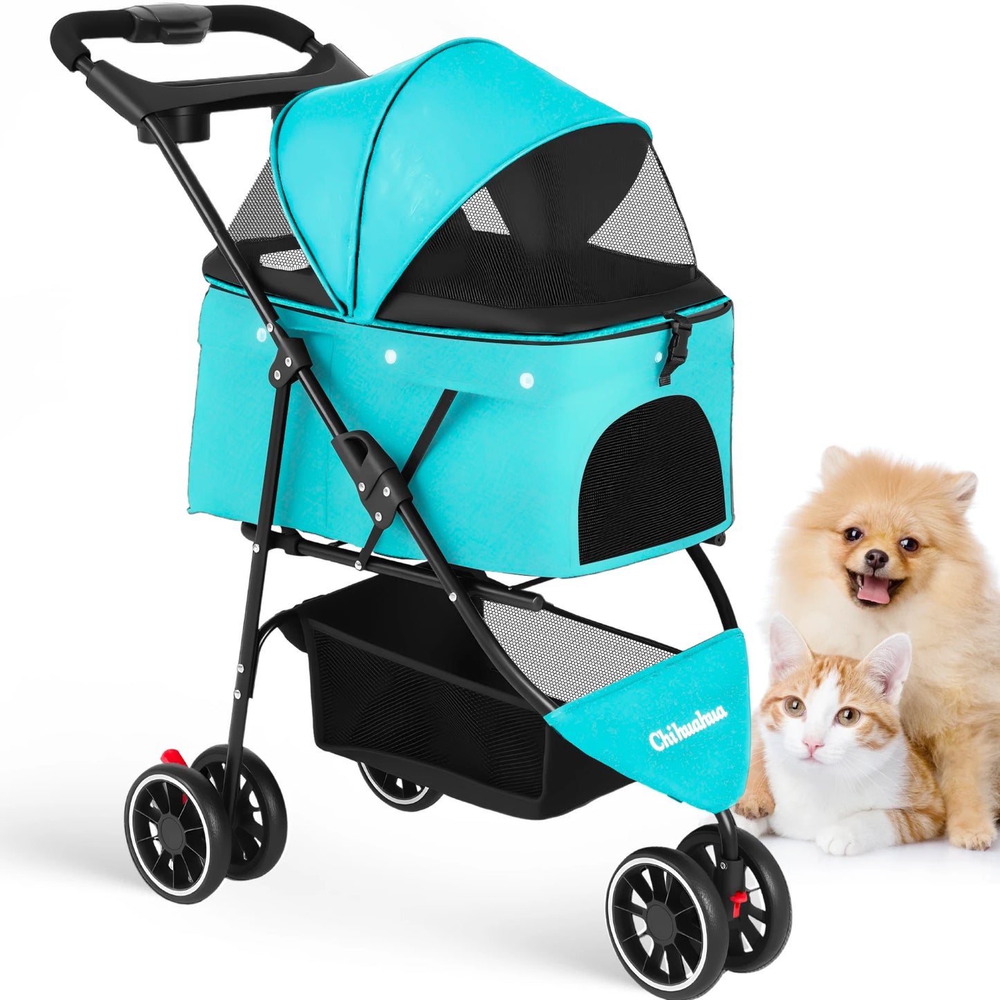Chihuahua Pet Stroller Three Wheel Foldable With Breathable Mesh Canopy