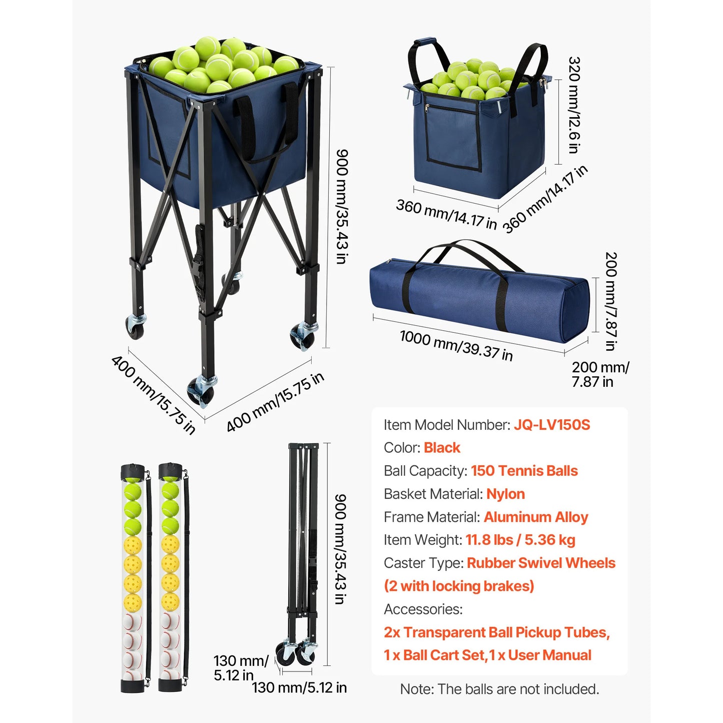 SucceBuy 2-in-1 Foldable Tennis & Pickleball Hopper with Pickup Tube Wheels Holds 150 Tennis Balls 260 Pickleballs for Training