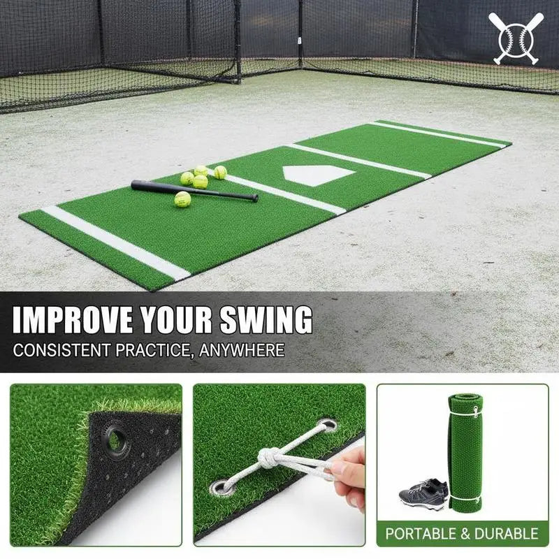 Baseball Softball Hitting Mat 10x3.8 ft For Training Facility Gym Backyard, Lined Foam Backing Portable Practice Aid Tightening Rope Green